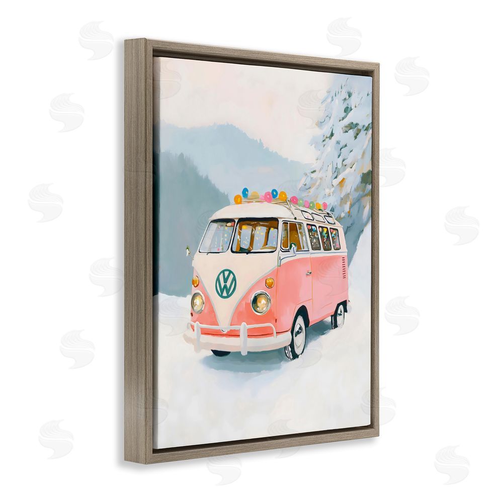 The Prints Vibe Pink Christmas Van in Snow Brown Floating Framed Canvas Wall Art