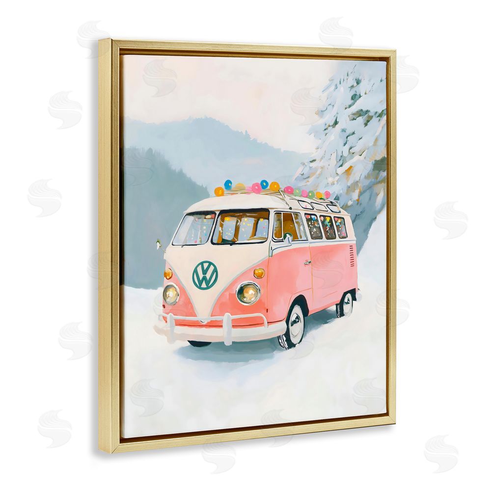 The Prints Vibe Pink Christmas Van in Snow Gold Floating Framed Canvas Wall Art