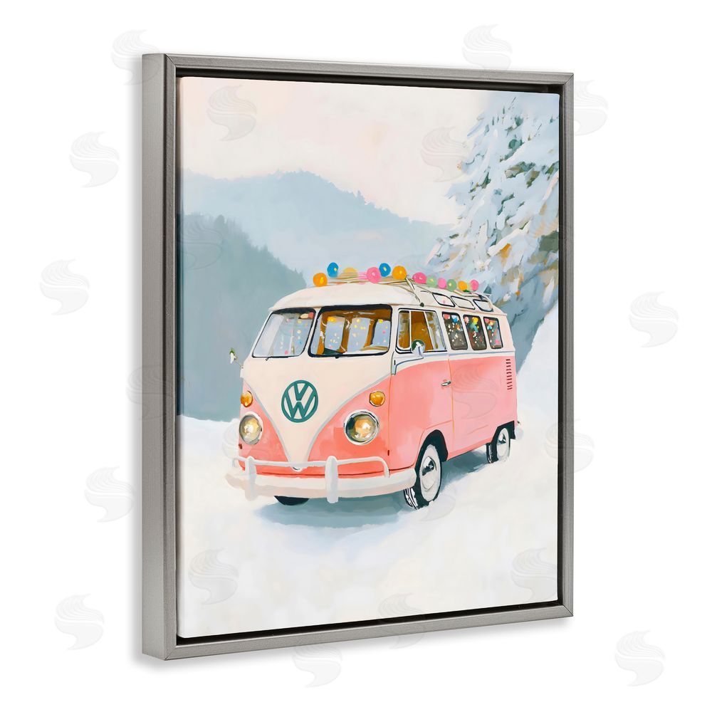 The Prints Vibe Pink Christmas Van in Snow Gray Floating Framed Canvas Wall Art