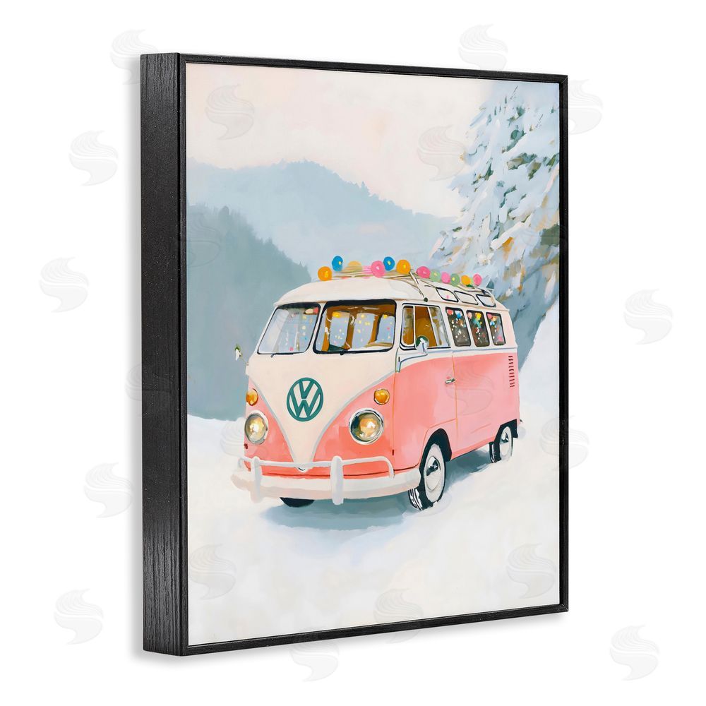 The Prints Vibe Pink Christmas Van in Snow Black Framed Giclee Wall Art