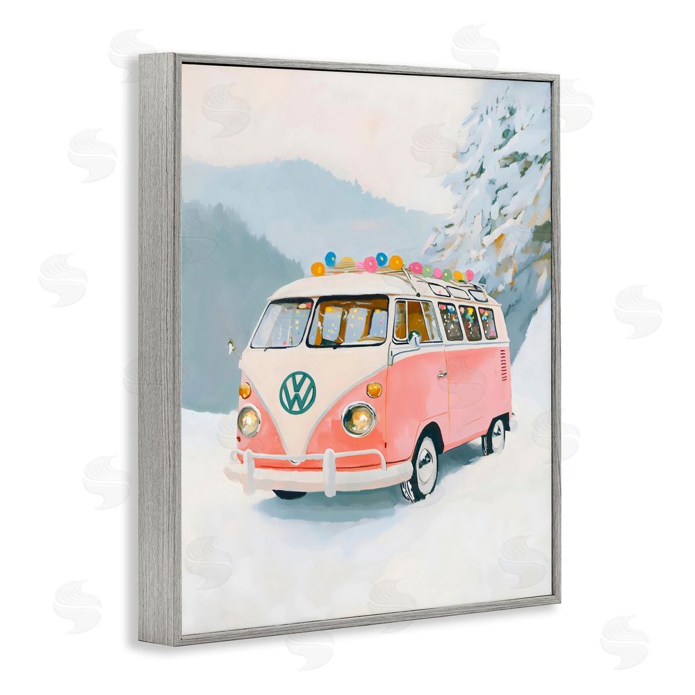 The Prints Vibe Pink Christmas Van in Snow Gray Framed Giclee Wall Art