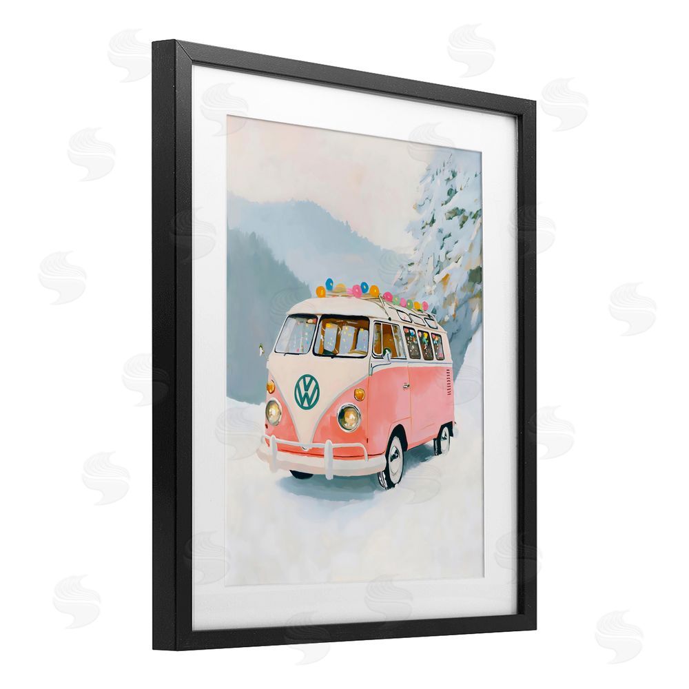 The Prints Vibe Pink Christmas Van in Snow Black Framed Print Under Glass Wall Art