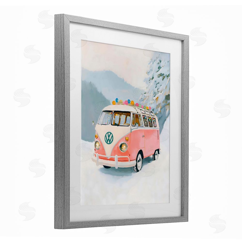 The Prints Vibe Pink Christmas Van in Snow Gray Framed Print Under Glass Wall Art