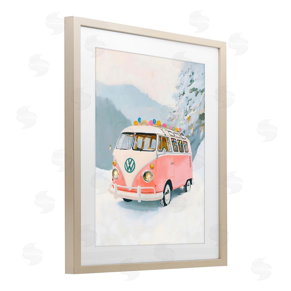 The Prints Vibe Pink Christmas Van in Snow Brown Framed Print Under Glass Wall Art