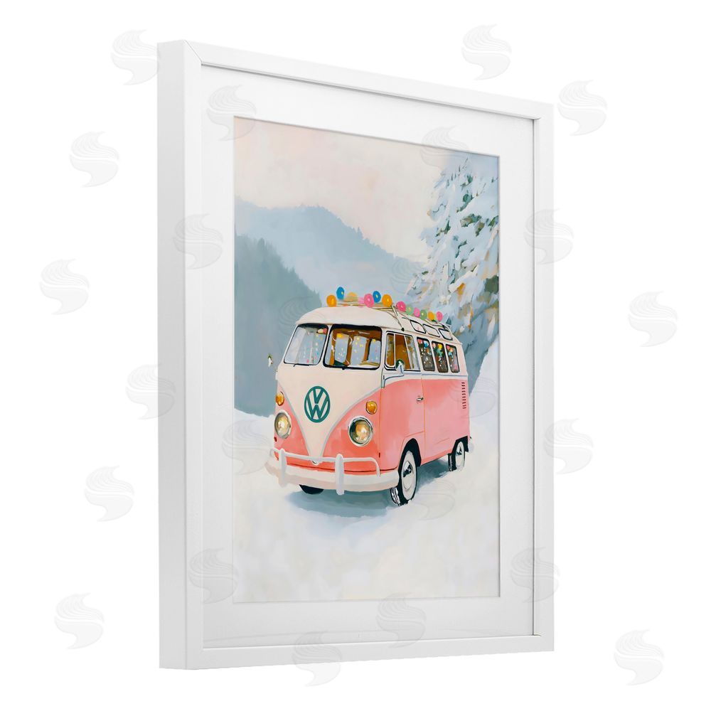 The Prints Vibe Pink Christmas Van in Snow White Framed Print Under Glass Wall Art