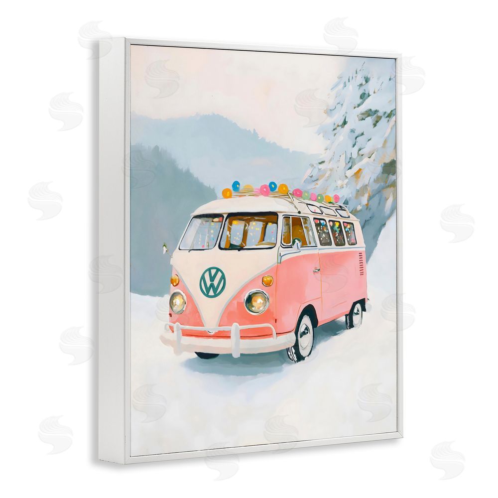 The Prints Vibe Pink Christmas Van in Snow White Framed Giclee Wall Art
