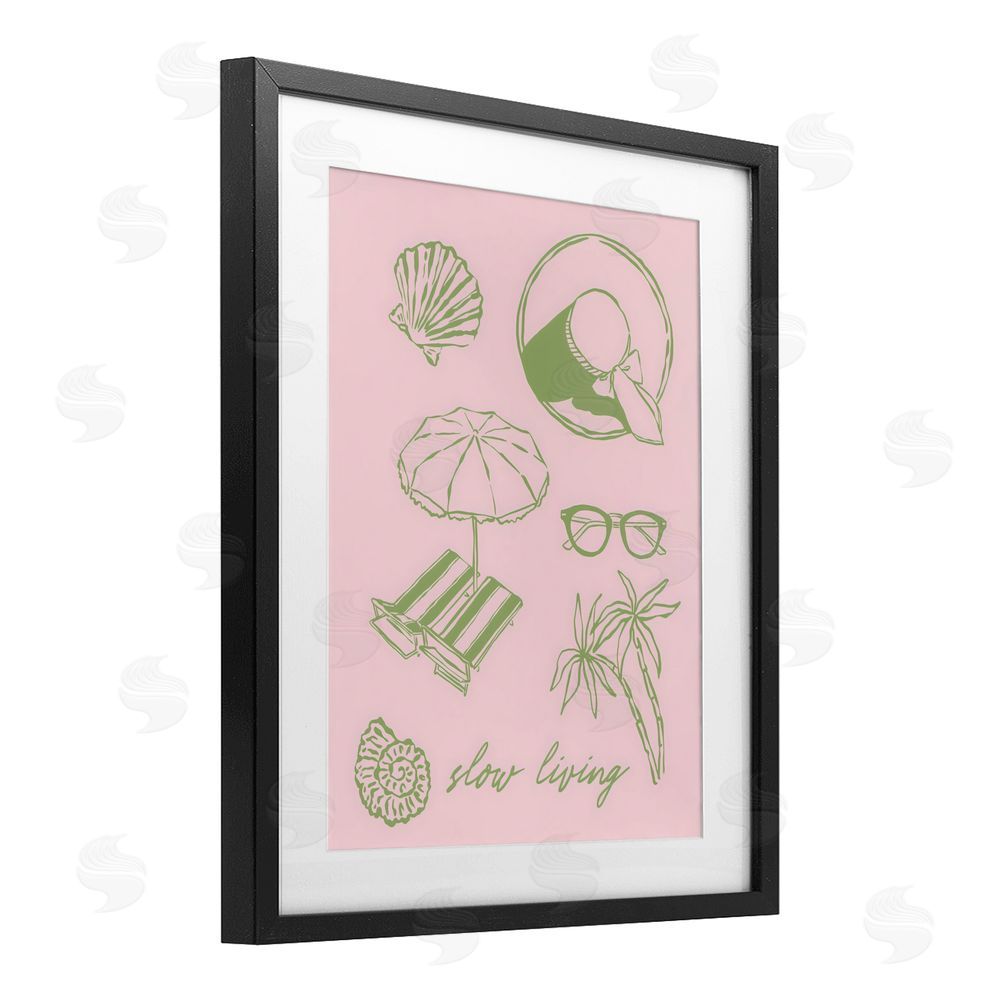 The Prints Vibe Slow Beach Living Black Framed Print Under Glass with White Mat Wall Art