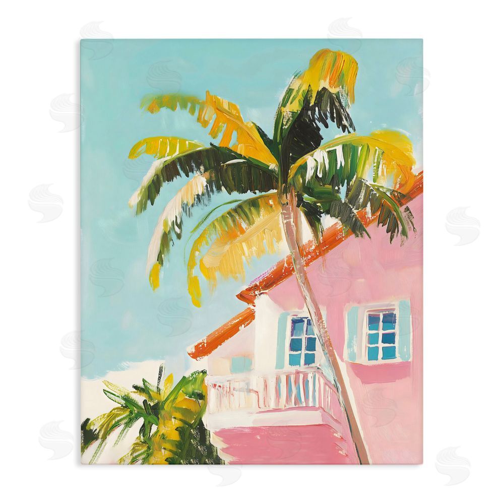 The Prints Vibe Pink House Palm Tree Stretched Canvas Wall Art