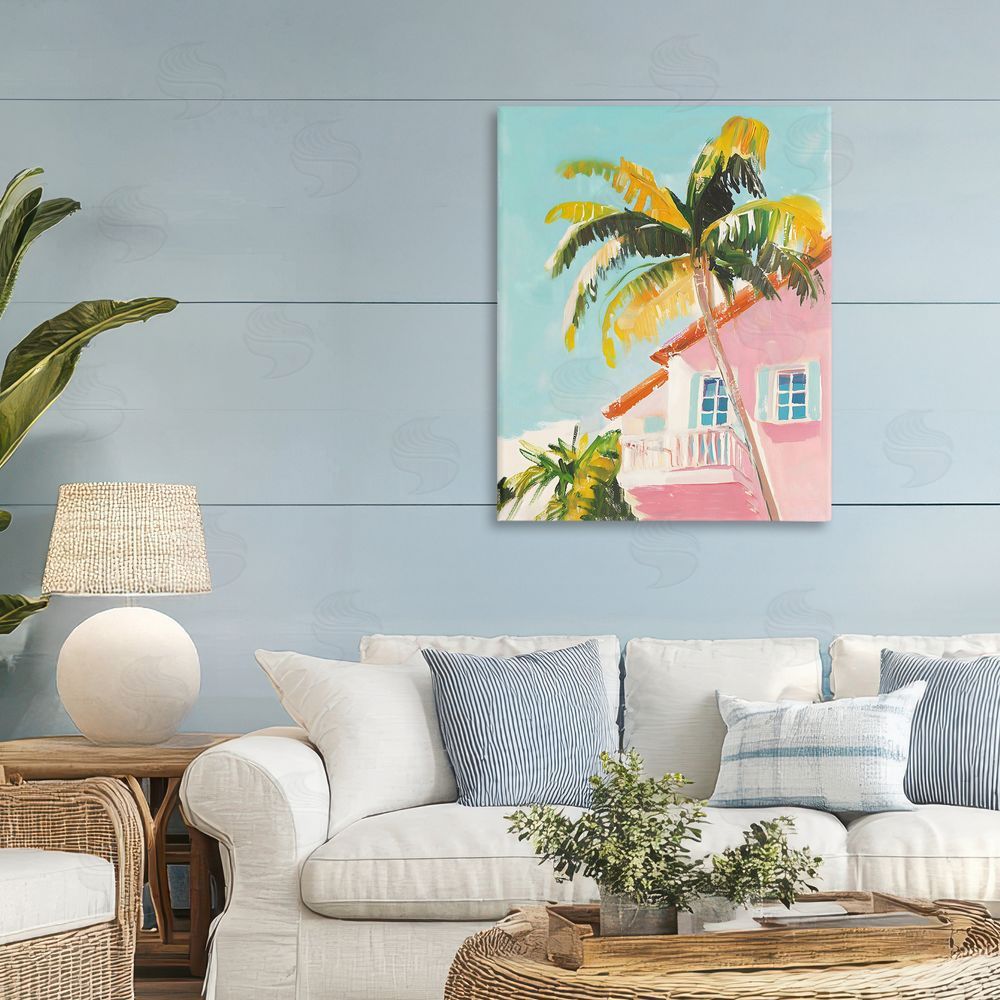 The Prints Vibe Pink House Palm Tree Stretched Canvas Wall Art in Room