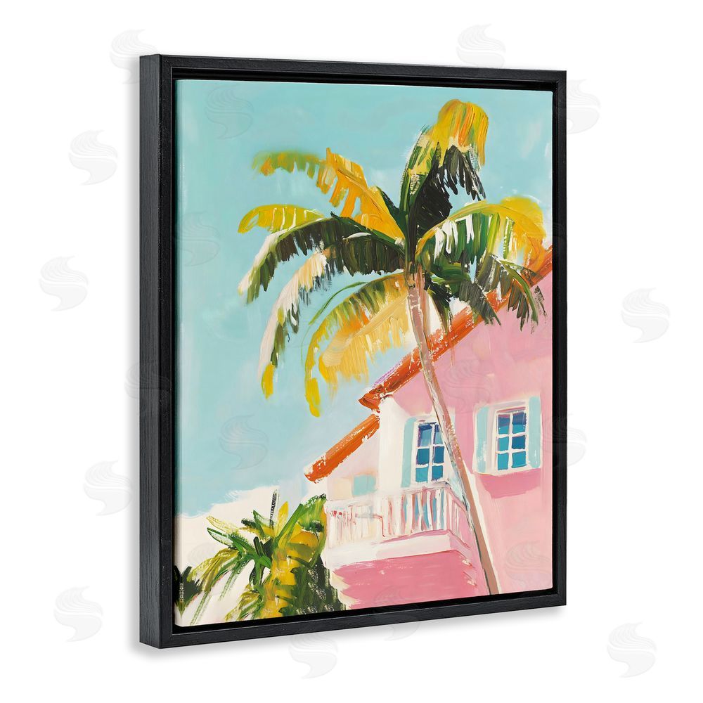 The Prints Vibe Pink House Palm Tree Black Floating Framed Canvas Wall Art