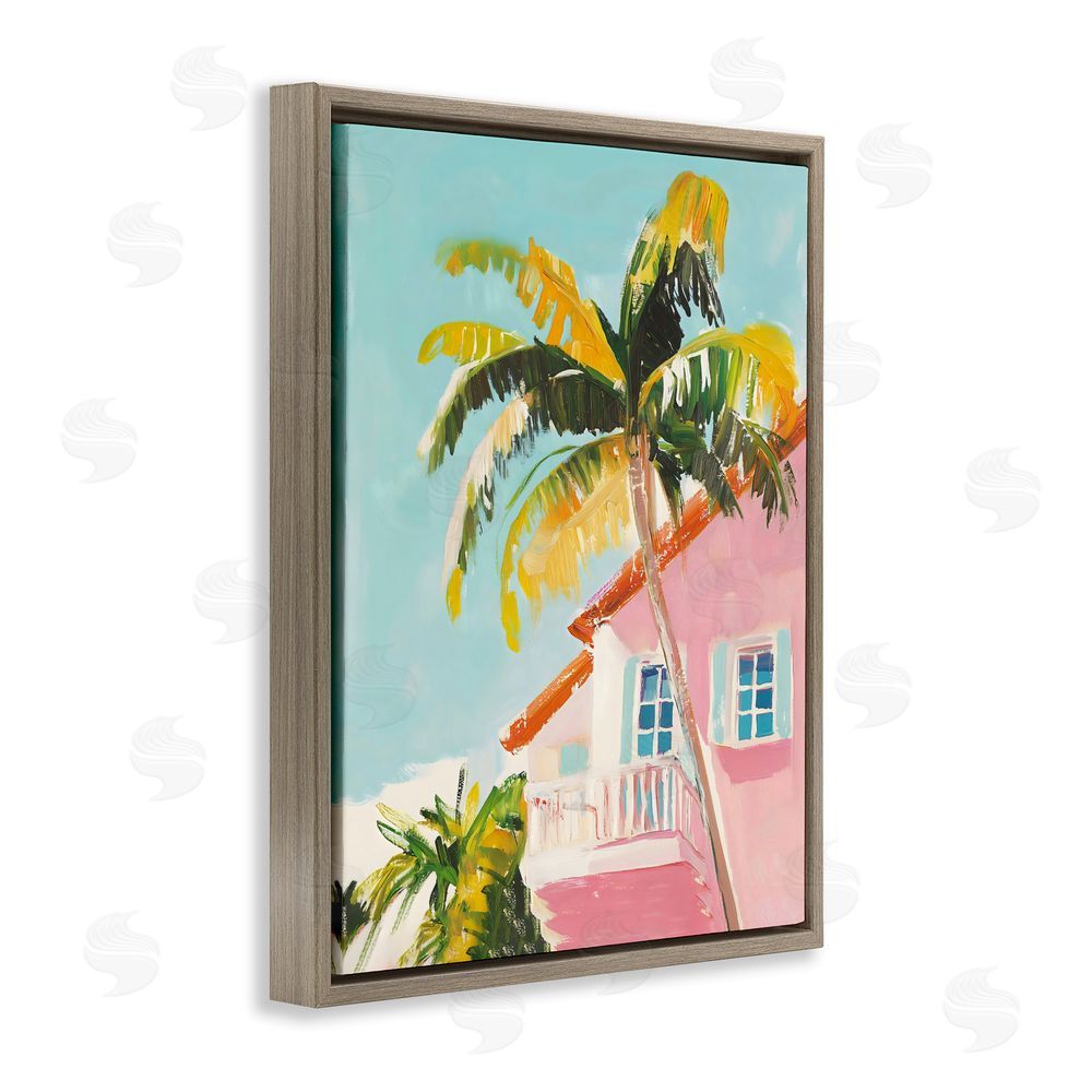 The Prints Vibe Pink House Palm Tree Brown Floating Framed Canvas Wall Art