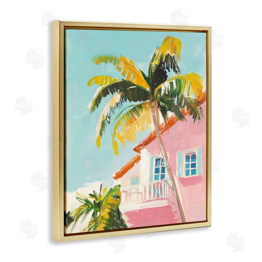 The Prints Vibe Pink House Palm Tree Gold Floating Framed Canvas Wall Art