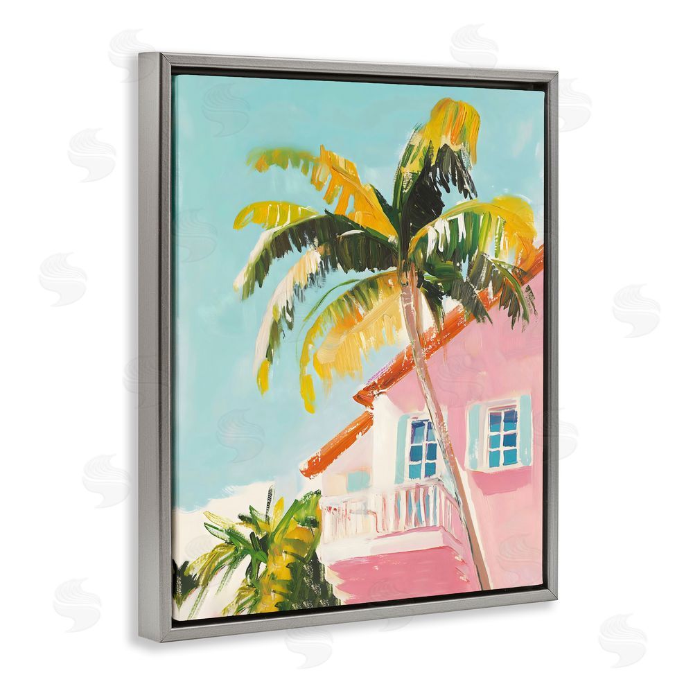 The Prints Vibe Pink House Palm Tree Gray Floating Framed Canvas Wall Art