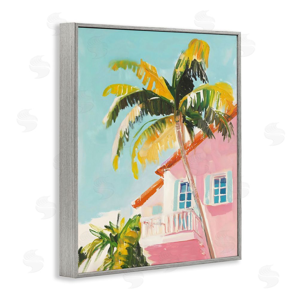 The Prints Vibe Pink House Palm Tree Gray Framed Giclee Wall Art