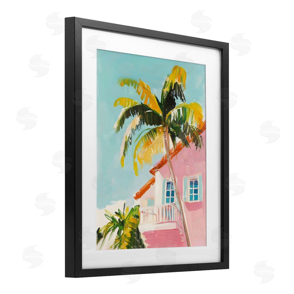 The Prints Vibe Pink House Palm Tree Black Framed Print Under Glass Wall Art