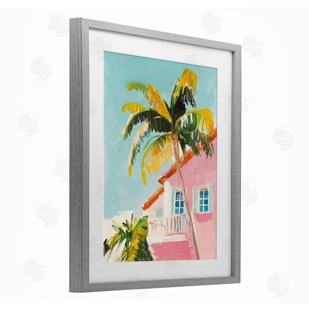 The Prints Vibe Pink House Palm Tree Gray Framed Print Under Glass Wall Art