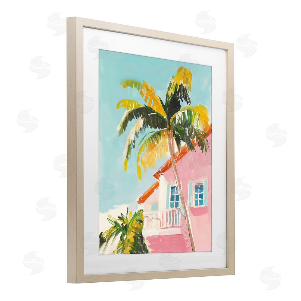 The Prints Vibe Pink House Palm Tree Brown Framed Print Under Glass Wall Art