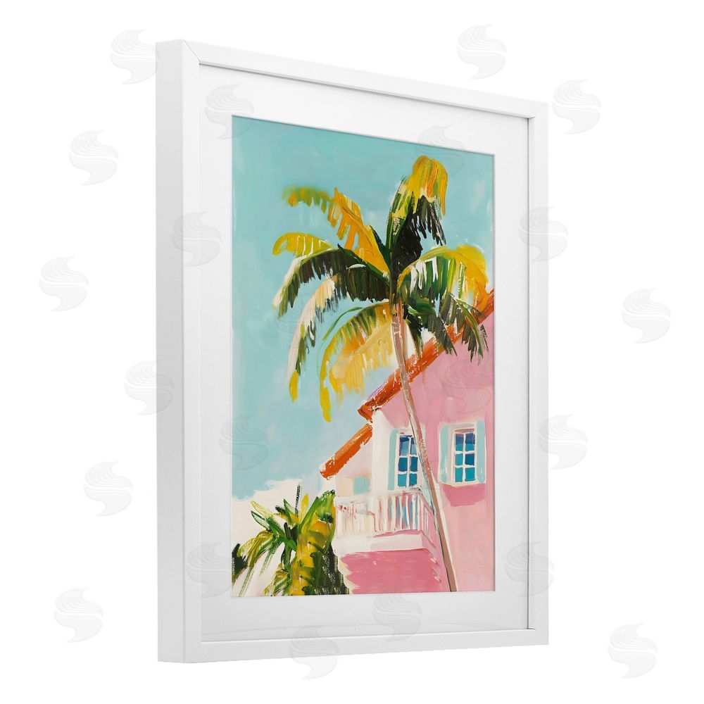 The Prints Vibe Pink House Palm Tree White Framed Print Under Glass Wall Art