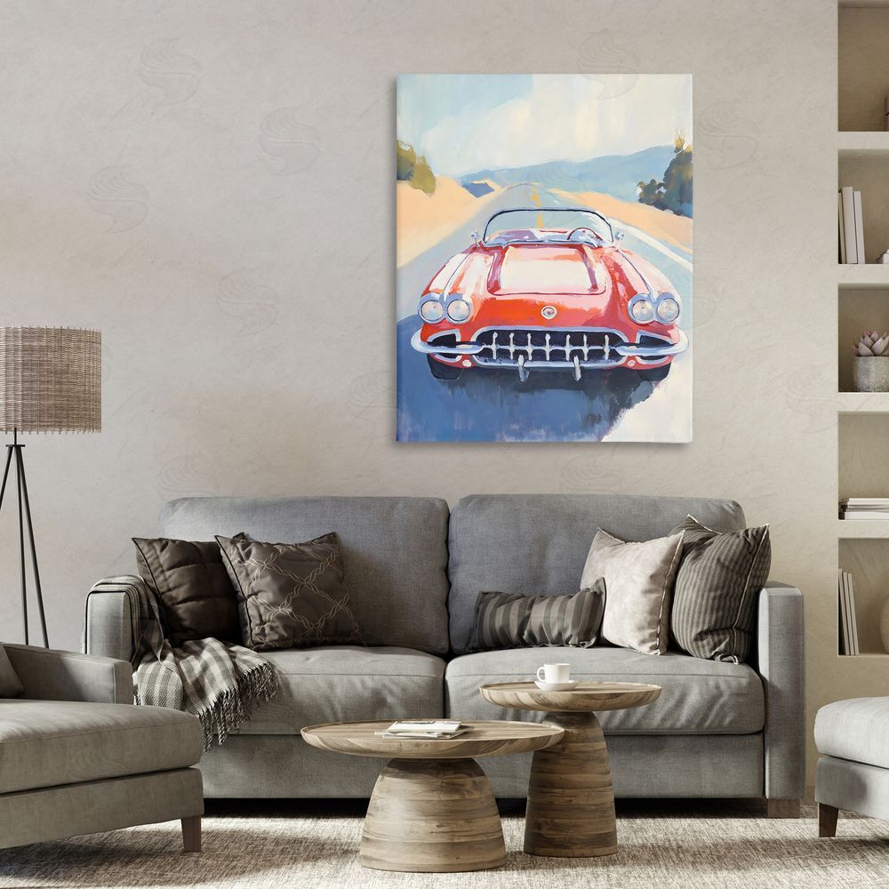 The Prints Vibe Red Sports Car on Journey Stretched Canvas Wall Art in Room