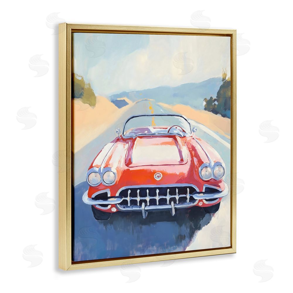 The Prints Vibe Red Sports Car on Journey Gold Floating Framed Canvas Wall Art