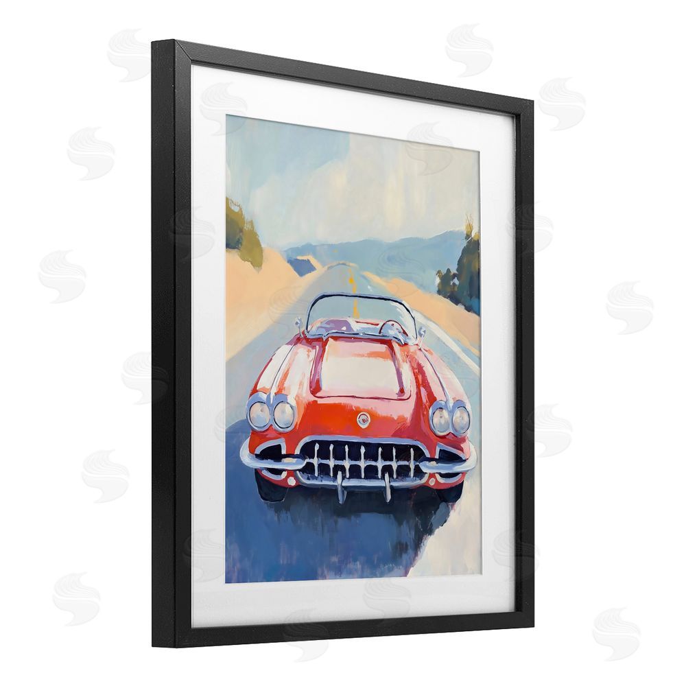 The Prints Vibe Red Sports Car on Journey Black Framed Print Under Glass Wall Art