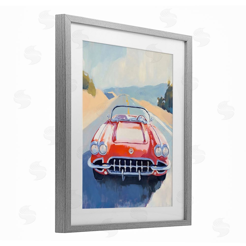 The Prints Vibe Red Sports Car on Journey Gray Framed Print Under Glass Wall Art