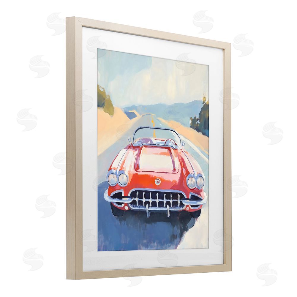 The Prints Vibe Red Sports Car on Journey Brown Framed Print Under Glass Wall Art