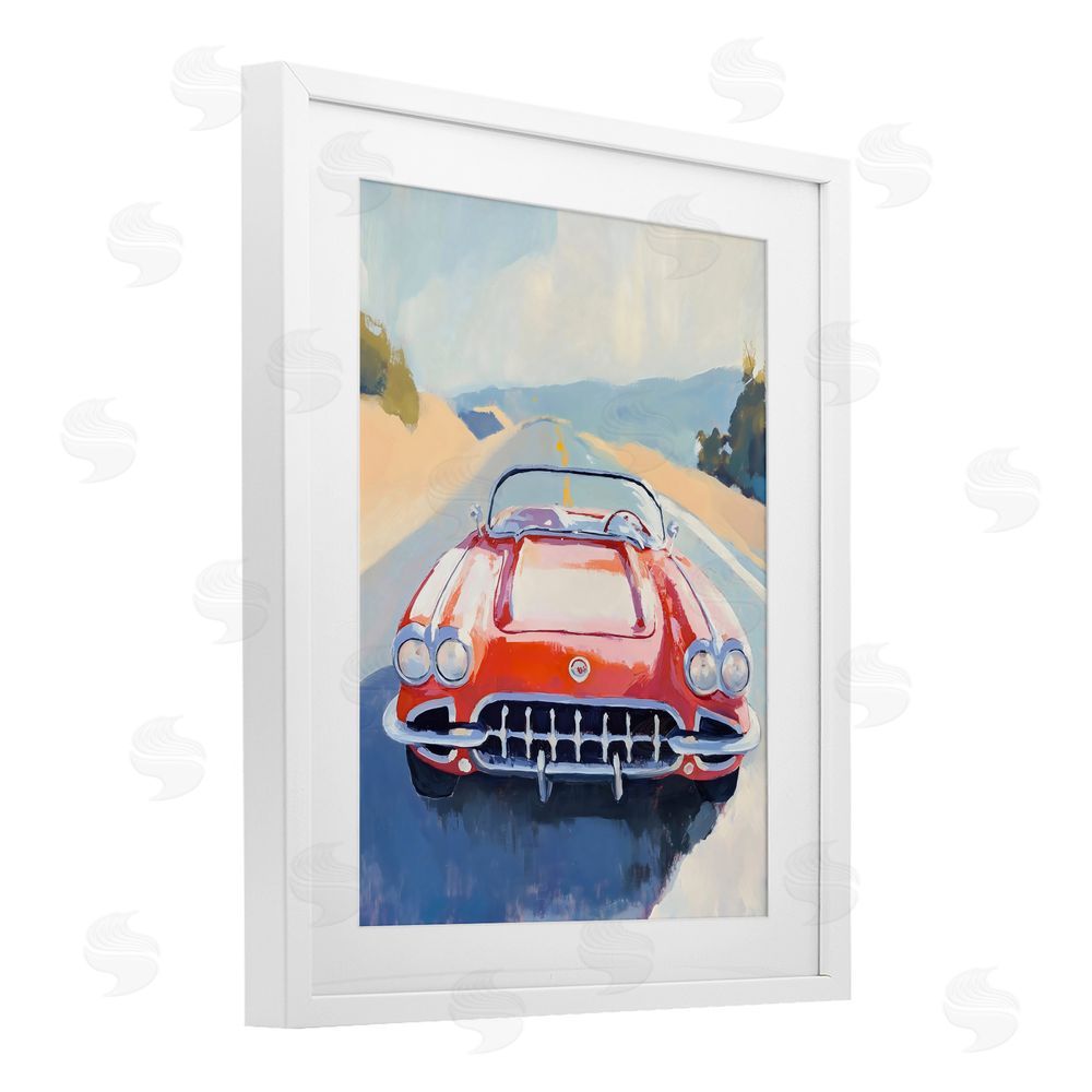 The Prints Vibe Red Sports Car on Journey White Framed Print Under Glass Wall Art