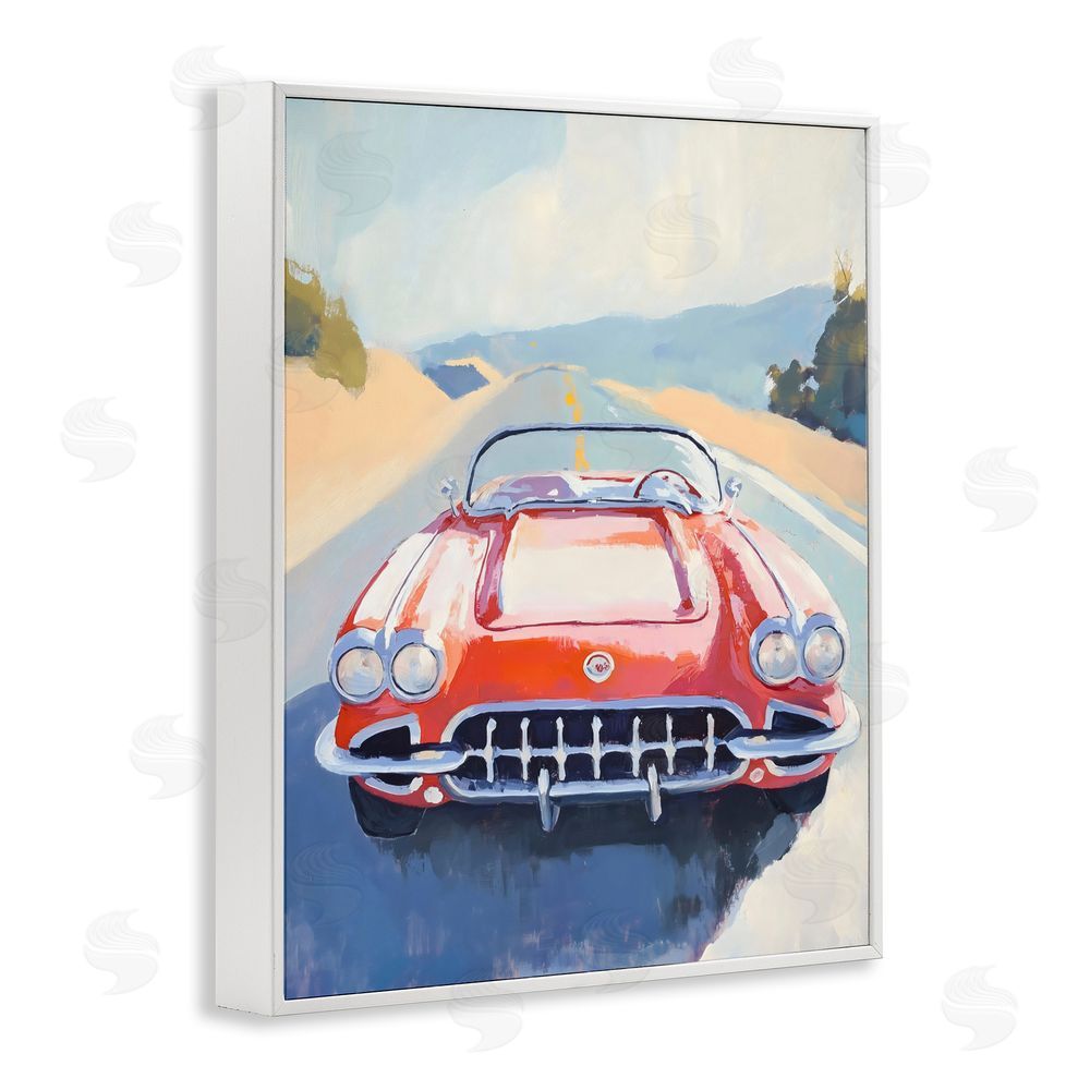 The Prints Vibe Red Sports Car on Journey White Framed Giclee Wall Art