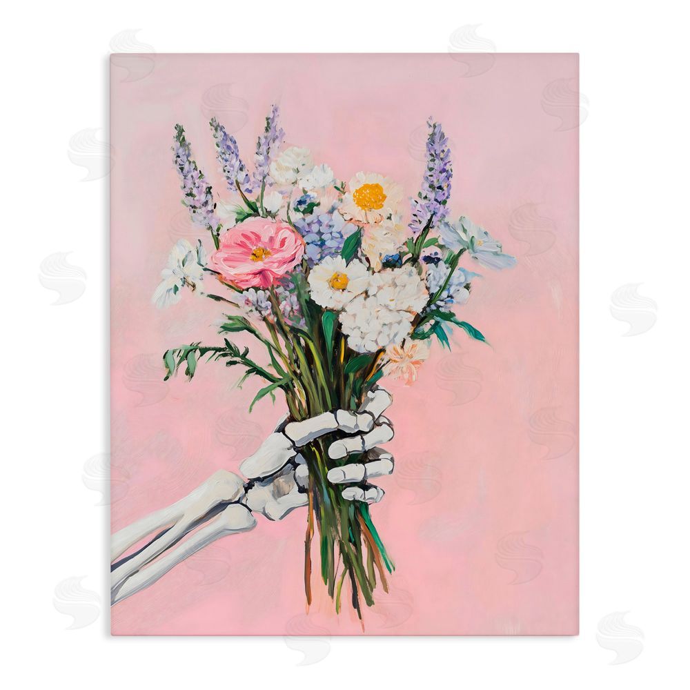 The Prints Vibe Skeleton Hand Holding Flowers Stretched Canvas Wall Art Print