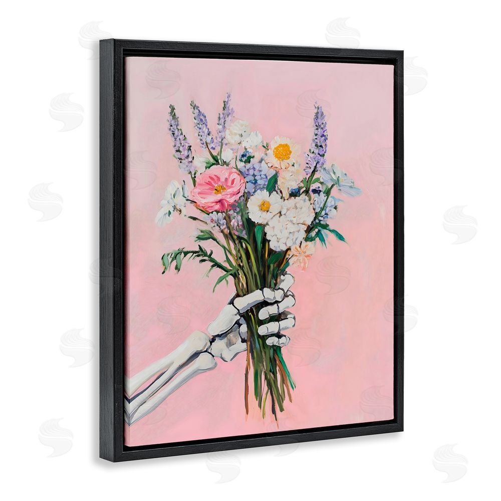 The Prints Vibe Skeleton Hand Holding Flowers Black Floating Framed Canvas Wall Art Print