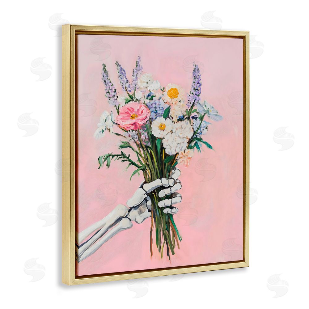 The Prints Vibe Skeleton Hand Holding Flowers Gold Floating Framed Canvas Wall Art Print