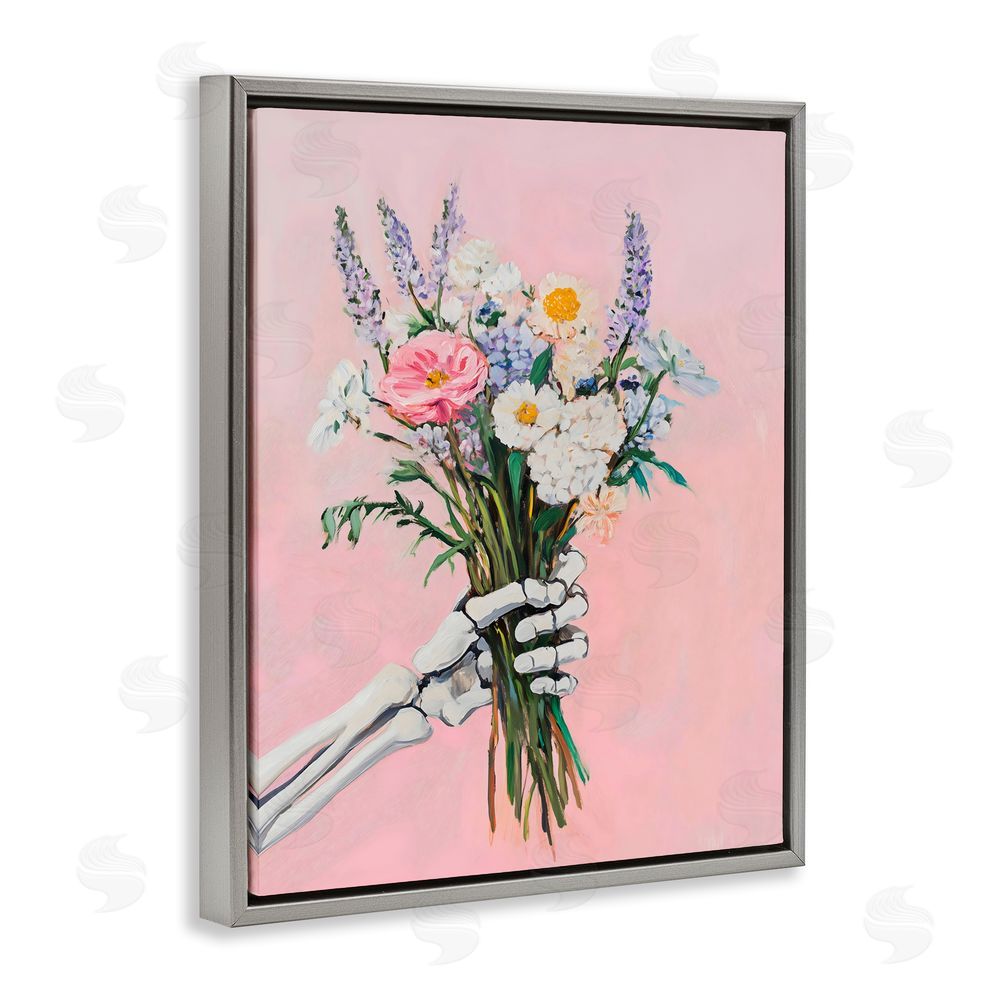 The Prints Vibe Skeleton Hand Holding Flowers Gray Floating Framed Canvas Wall Art Print