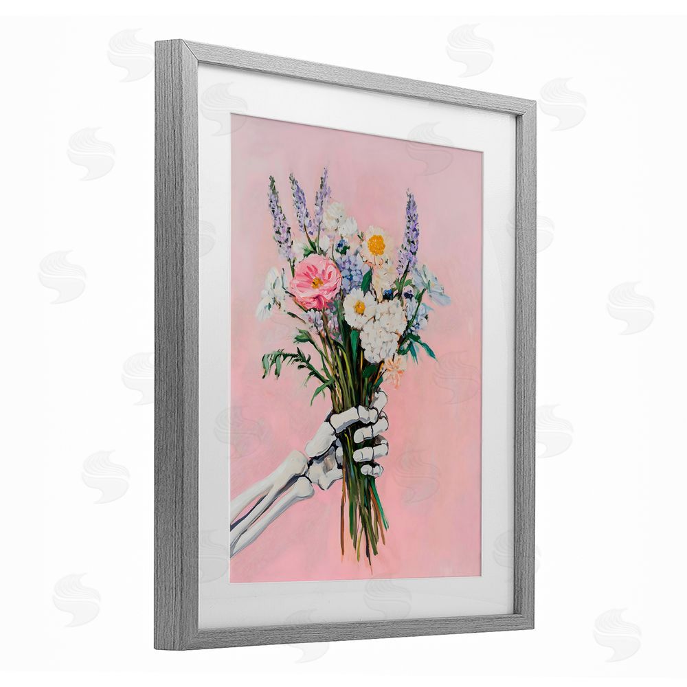 The Prints Vibe Skeleton Hand Holding Flowers Gray Framed Print Under Glass with White Mat Wall Art