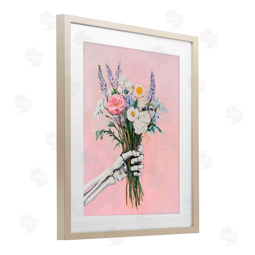 The Prints Vibe Skeleton Hand Holding Flowers Brown Framed Print Under Glass with White Mat Wall Art