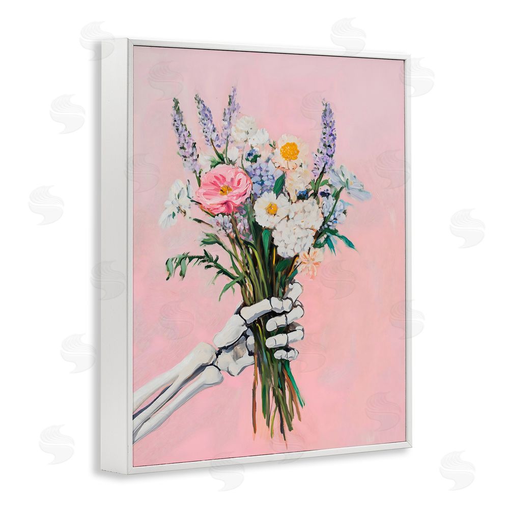The Prints Vibe Skeleton Hand Holding Flowers White Framed Giclee Wall Art Print