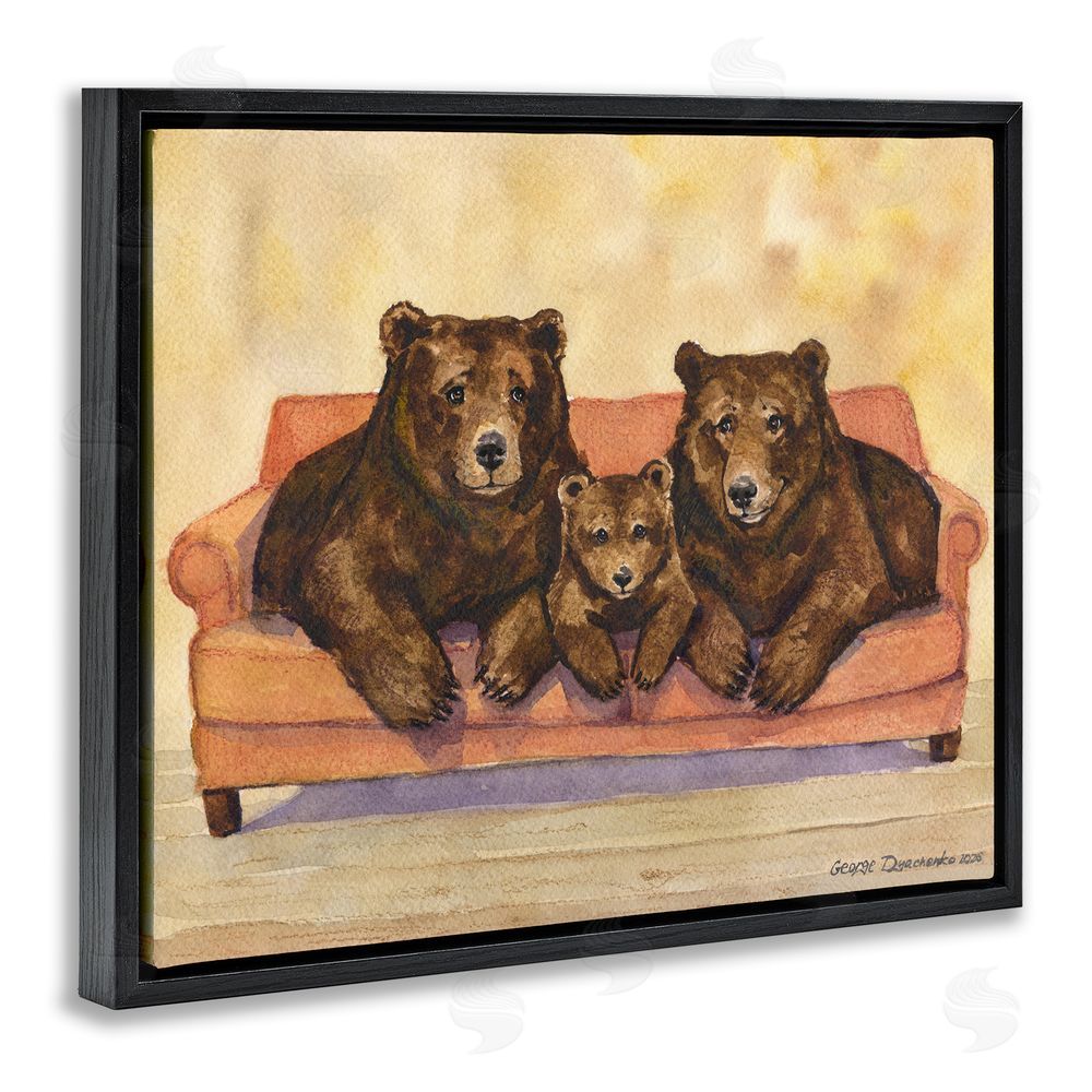 George Dyachenko Bear Family Trio Black Floating Frame Stretched Canvas Wall Art Print