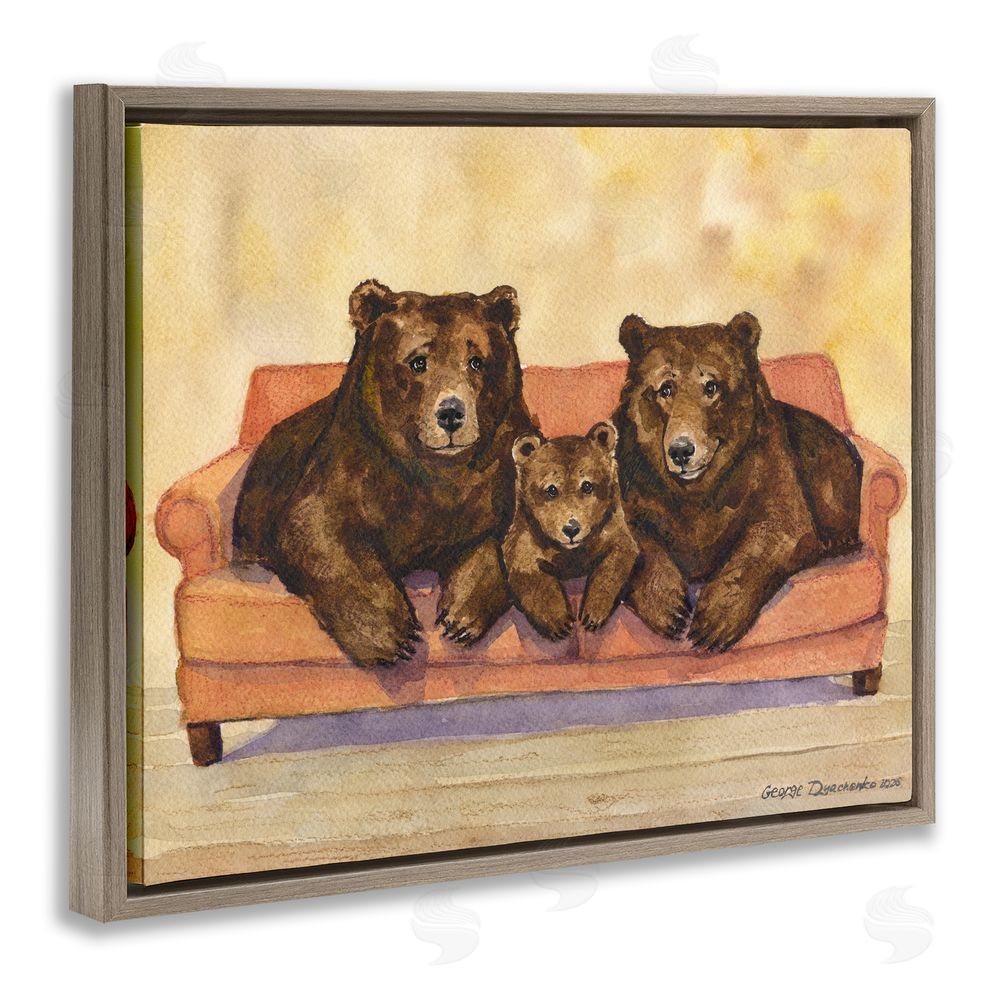George Dyachenko Bear Family Trio Brown Floating Frame Stretched Canvas Wall Art Print