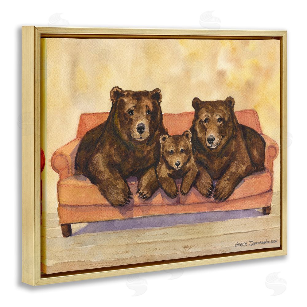 George Dyachenko Bear Family Trio Gold Floating Frame Stretched Canvas Wall Art Print