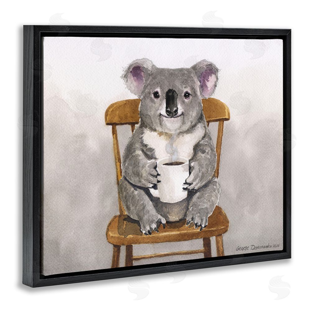 George Dyachenko Koala with Coffee Mug Black Floating Framed Canvas Wall Art