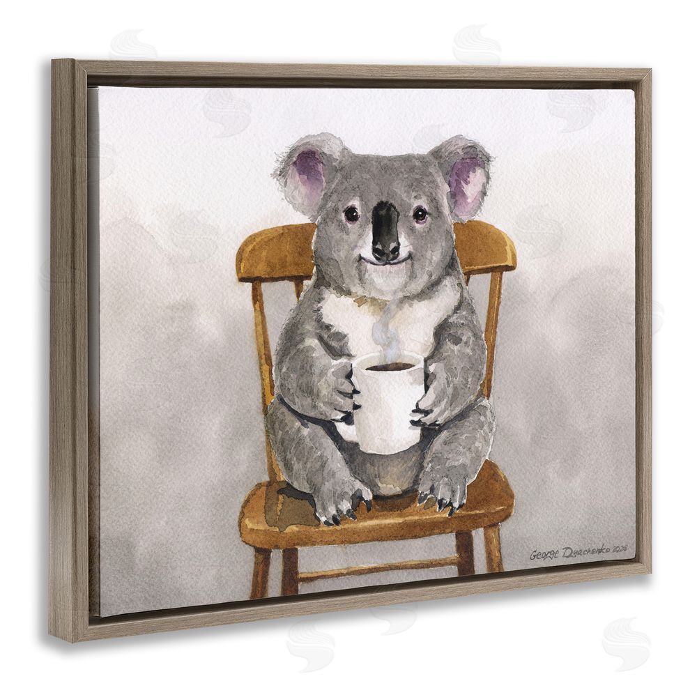 George Dyachenko Koala with Coffee Mug Brown Floating Framed Canvas Wall Art