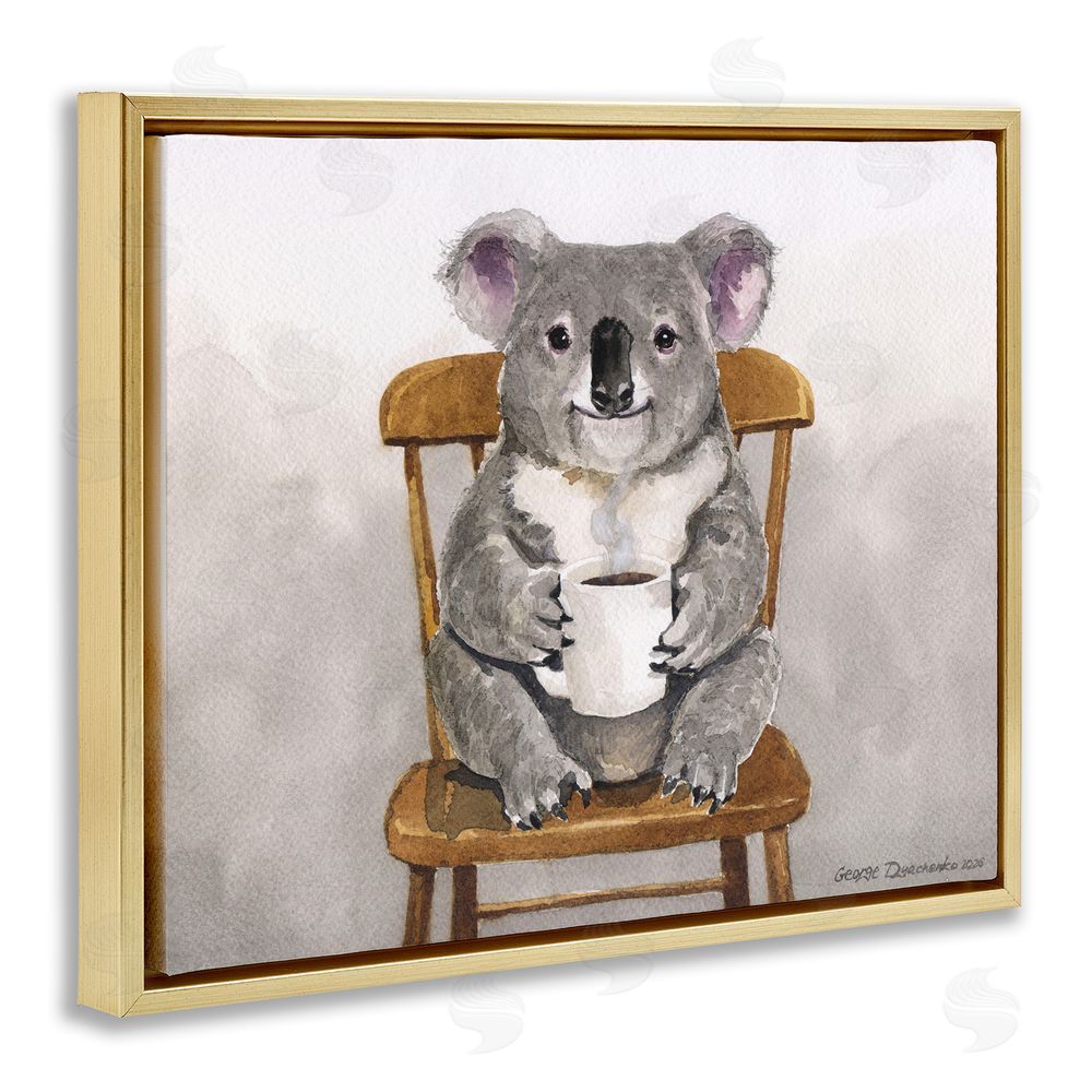 George Dyachenko Koala with Coffee Mug Gold Floating Framed Canvas Wall Art