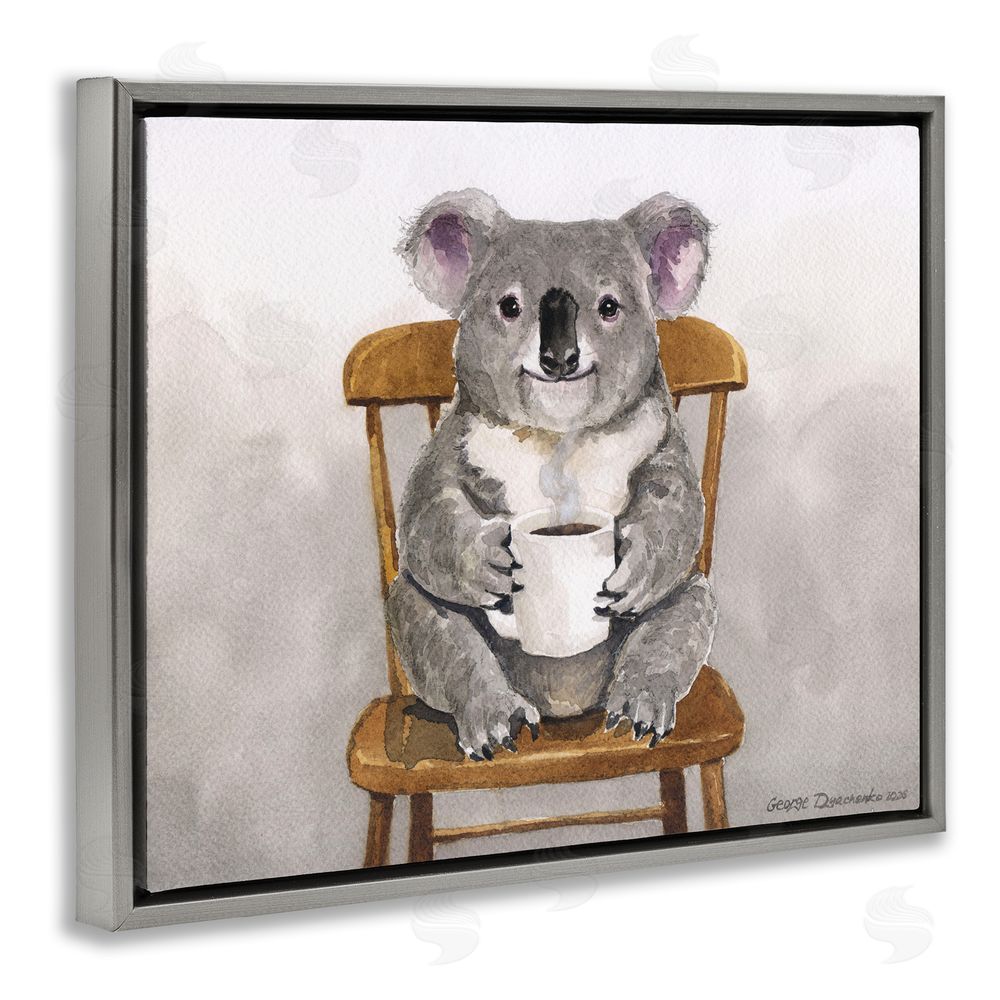 George Dyachenko Koala with Coffee Mug Gray Floating Framed Canvas Wall Art
