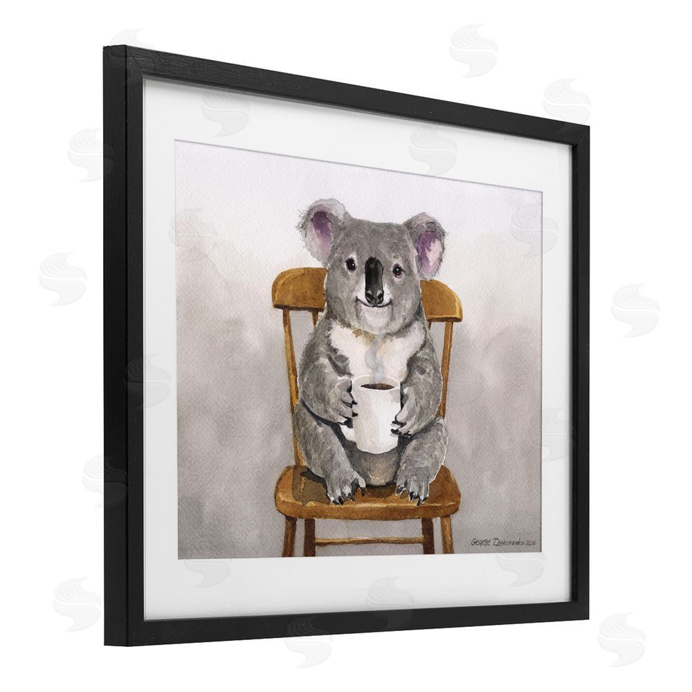 George Dyachenko Koala with Coffee Mug Black Framed Print Under Glass Wall Art