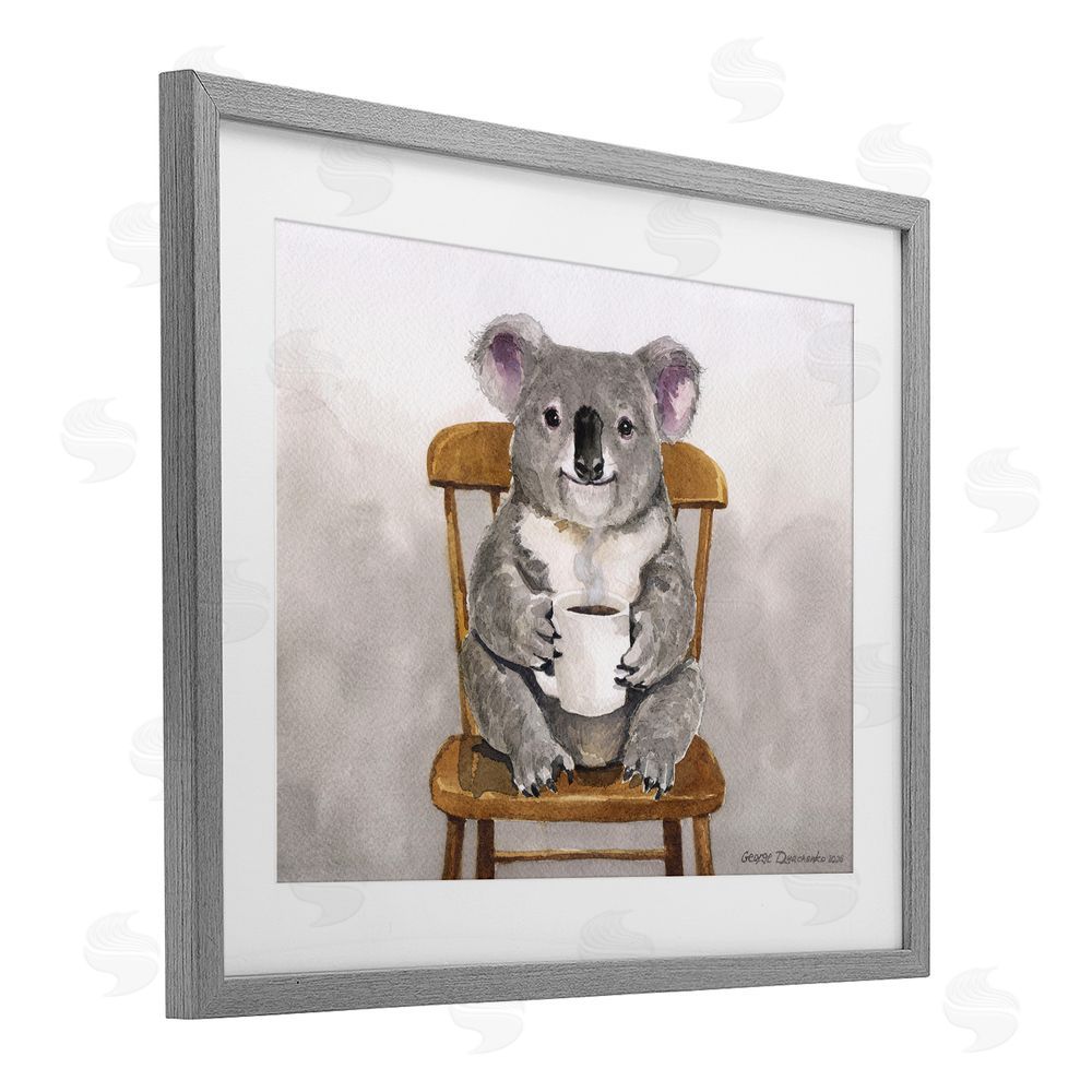 George Dyachenko Koala with Coffee Mug Gray Framed Print Under Glass Wall Art