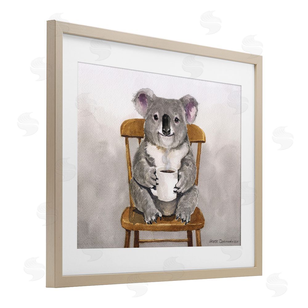 George Dyachenko Koala with Coffee Mug Brown Framed Print Under Glass Wall Art