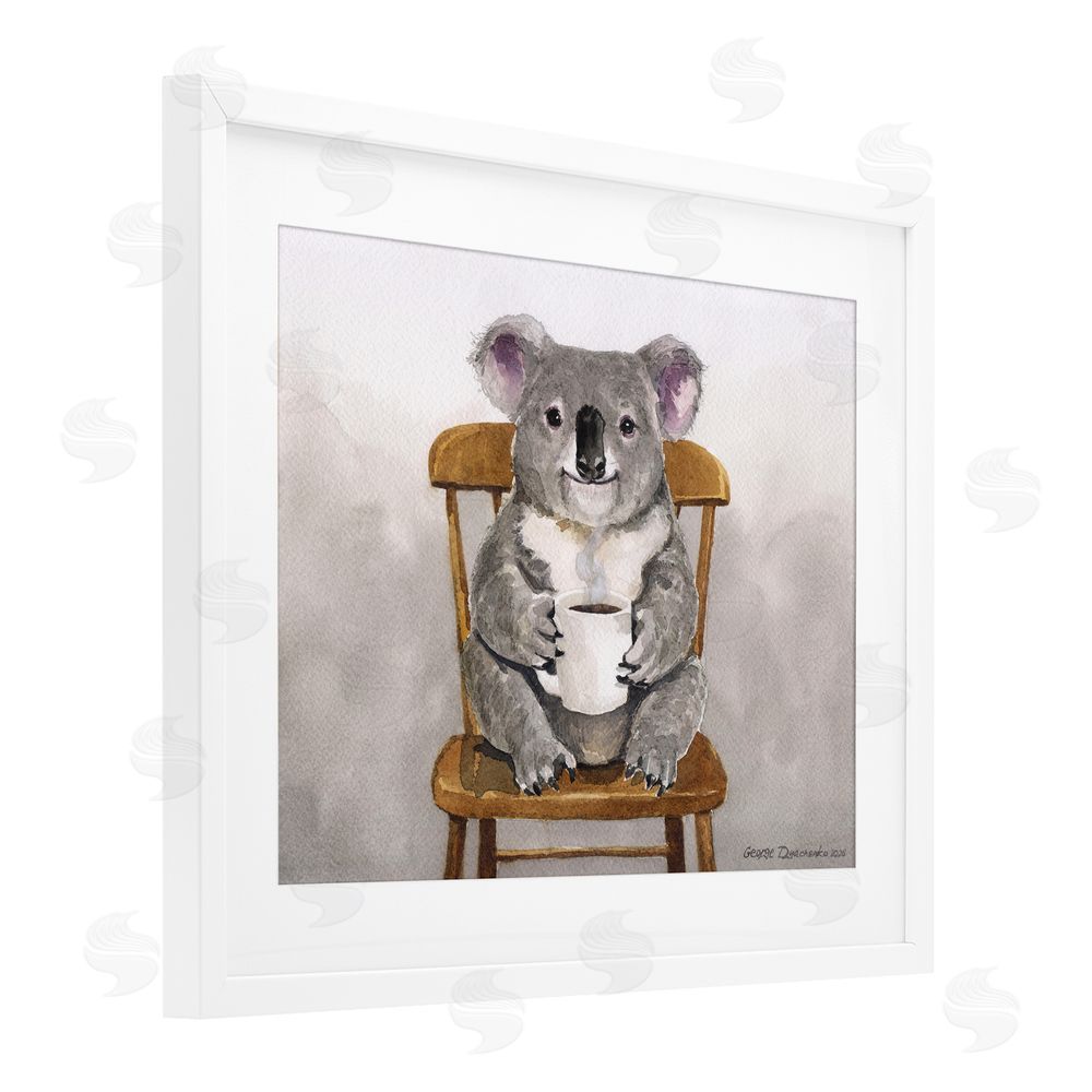 George Dyachenko Koala with Coffee Mug White Framed Print Under Glass Wall Art