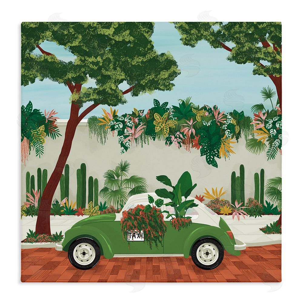 Vero Illustrates Overgrown Garden Taxi Stretched Canvas Wall Art