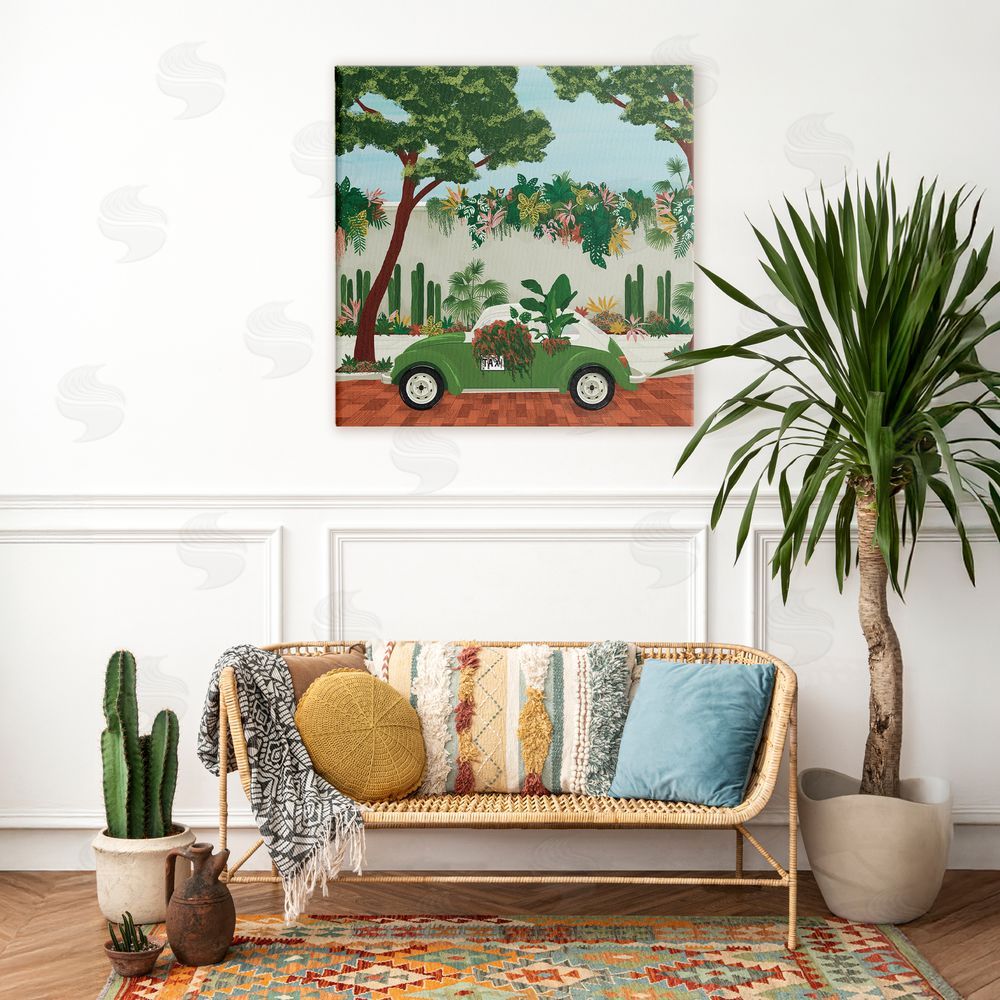 Vero Illustrates Overgrown Garden Taxi Stretched Canvas Wall Art in Room