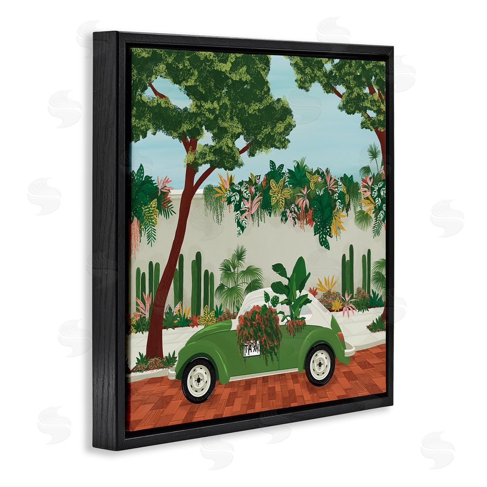 Vero Illustrates Overgrown Garden Taxi Black Floating Framed Canvas Wall Art